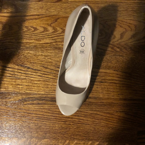 Ladies nude open toe patent stiletto heels - Picture 4 of 5